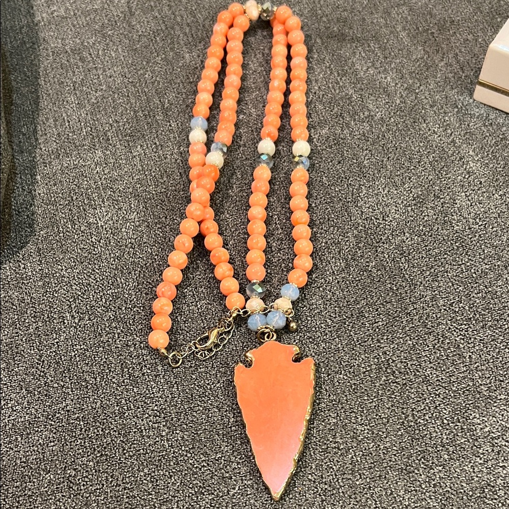 Plastic look like Coral Beaded Necklace with Arrowhead Pendant